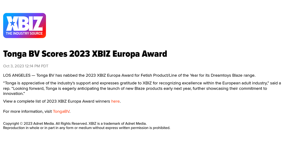 2023-10 XBIZ Online - XBIZ Europa Award